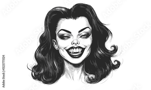 Creepy smiling woman with dark hair and sinister expression, vector, linear style, icons set.