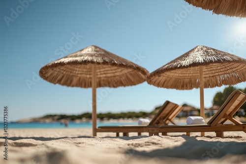 Wallpaper Mural A serene beach scene featuring straw umbrellas and lounge chairs on soft sand, with a calm sea and clear blue sky in the background. Torontodigital.ca
