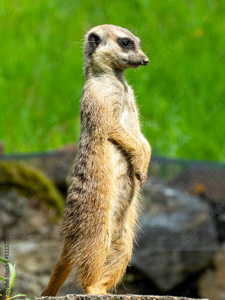 closeup portrait of suricate or meerkat (Suricata suricatta) standing in a zoo in Germany and watching from his lookout