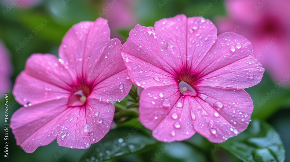 Vibrant pink flowers with dewdrops sparkle in soft focus, surrounded by lush, green leaves, capturing a refreshing morning essence. Vibrant pink flowers with dewdrops sparkle in soft focus, surrounded by lush, green leaves, capturing a refreshing morning essence.