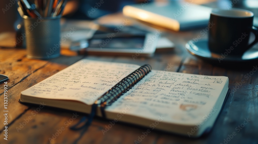 Obraz premium An open journal on a wooden desk, surrounded by a warm, cozy ambiance, inviting creative writing and deep thoughts.