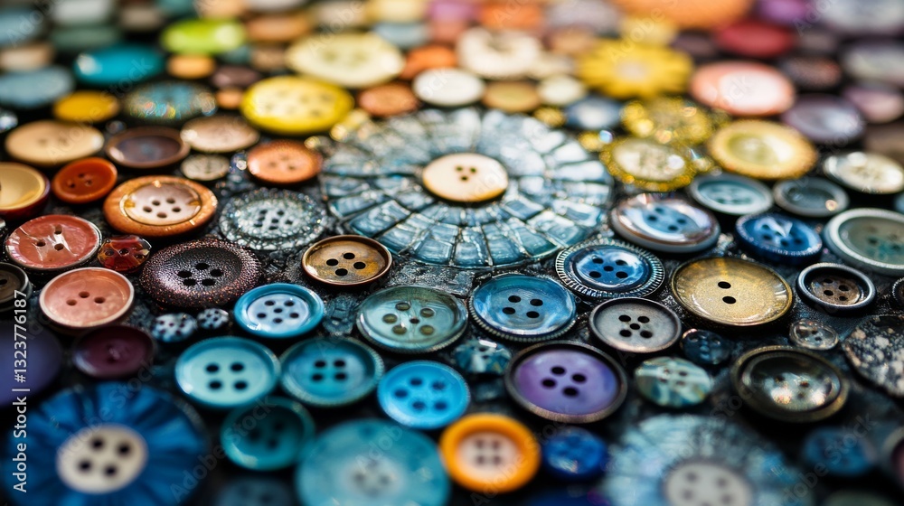 A vibrant mosaic of colorful buttons intricately laid out to form a mesmerizing, circular pattern rich in texture and creativity. A vibrant mosaic of colorful buttons intricately laid out to form a mesmerizing, circular pattern rich in texture and creativity.