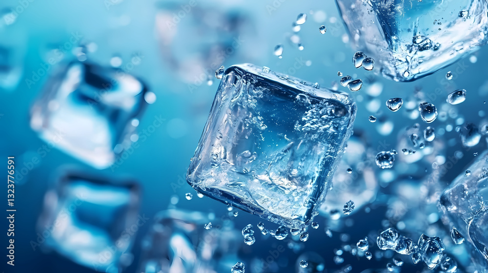 Ice blocks and water droplets close-up