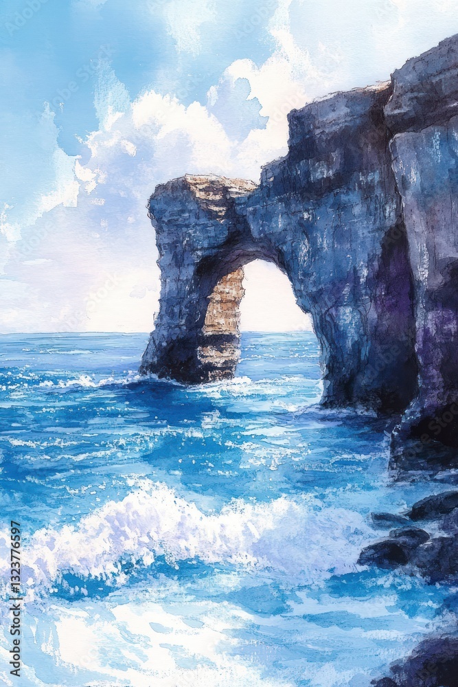 Naklejka premium Rocky Ocean Arch with Gentle Waves and Soft Blue Sky Watercolor Painting