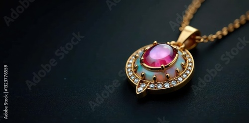 Golden pendant with nacre inlays and diamonds on dark background, precious, luxury, shiny photo