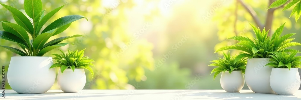 Lush greenery in large white pots against a bright sunny background, warm, white, bright Lush greenery in large white pots against a bright sunny background, warm, white, bright