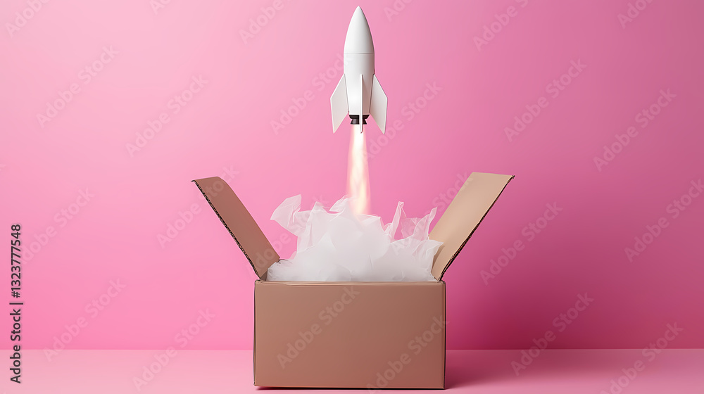 Rocket flying out of a cardboard box