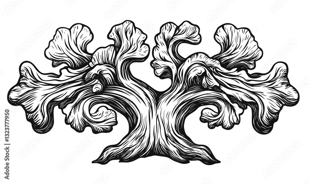 Fototapeta premium Ornate tree with swirling branches in black and white, flat icons set, vector.