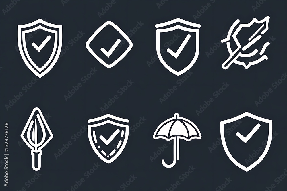 A set of black vector icons featuring a shield, umbrella, and checkmark on a white background. Simple and clean design. A set of black vector icons featuring a shield, umbrella, and checkmark on a white background. Simple and clean design.