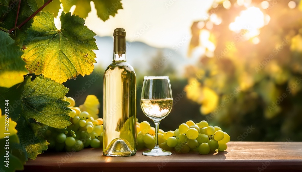 Fototapeta premium White Wine Bottle & Grapes. Elegant glasses, fresh green grapes, stylish vine leaves. Classic, bright, light.
