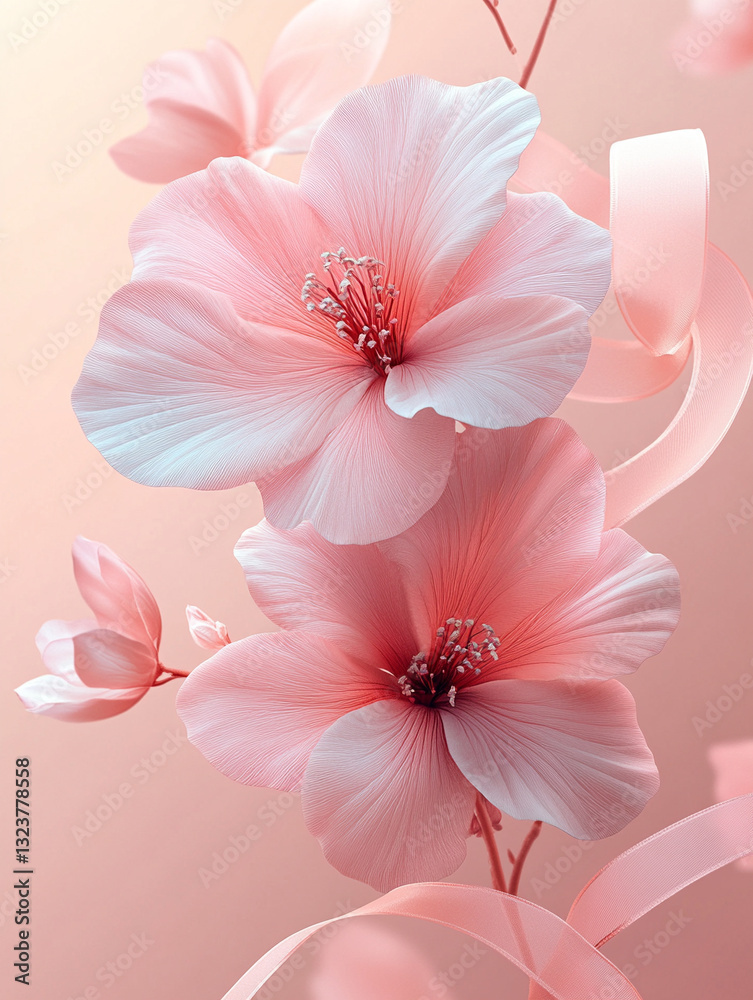 Beautiful pink flowers with soft ribbons in light background Beautiful pink flowers with soft ribbons in light background