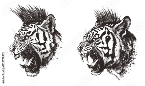 Roaring tribal tigers with mohawks - linear animal icons set vector.