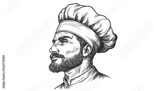 Chef with beard in traditional hat, profile portrait - linear style icons set vector.