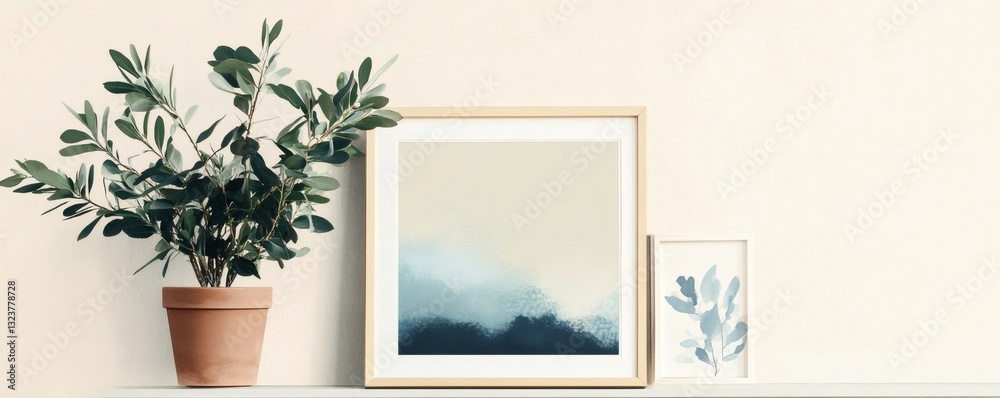 Fototapeta premium A plant sits beside framed abstract artwork on a shelf