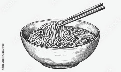 Ramen noodle bowl with chopsticks linear icons set - vector.