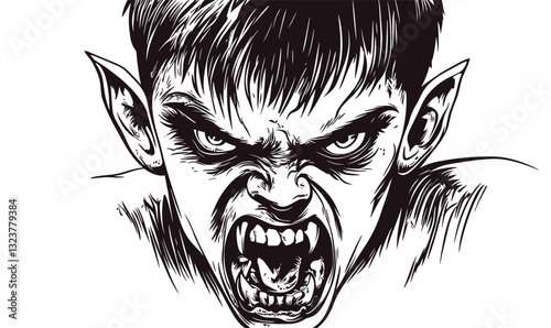 Angry monster face with sharp fangs and ears, linear vector, icons set.