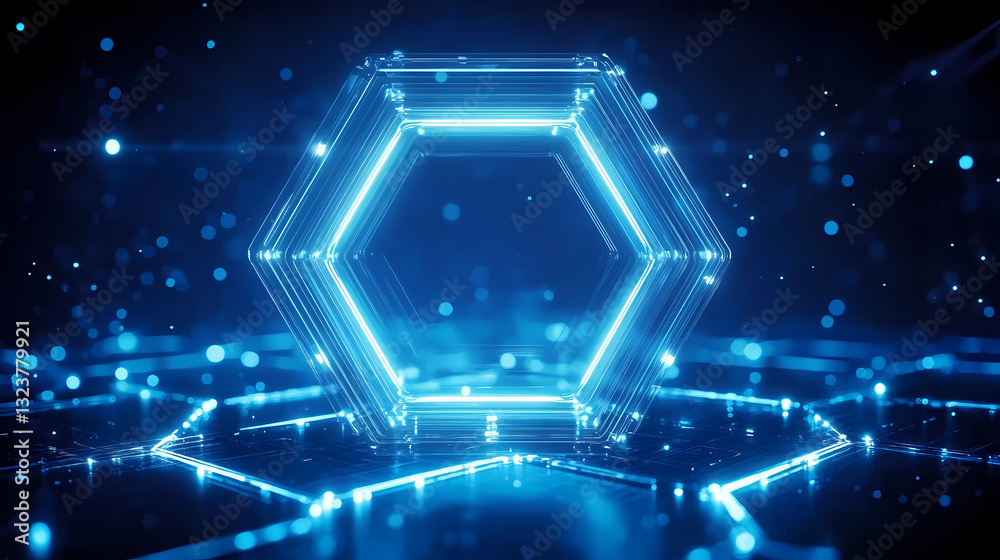 Glowing blue hexagonal structure with circuit design