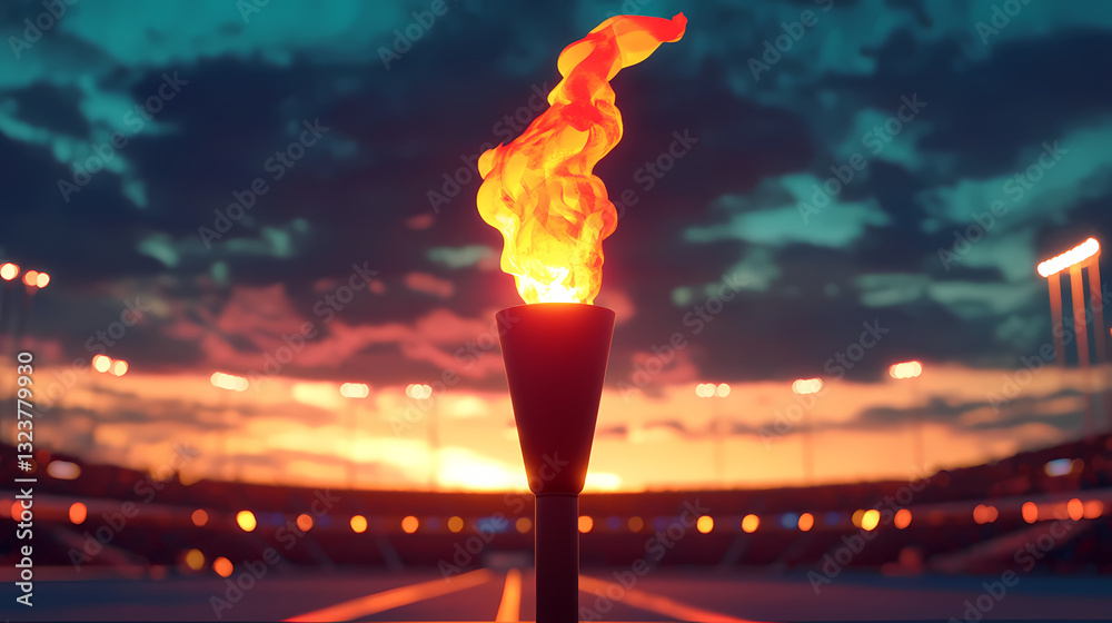 Torch burning with orange-red flames at sunset