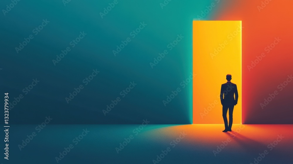 A Businessman Standing Before an Open Door, Symbolizing New Opportunities and Fresh Beginnings in a Vibrant and Colorful Environment A Businessman Standing Before an Open Door, Symbolizing New Opportunities and Fresh Beginnings in a Vibrant and Colorful Environment