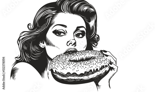 Woman holding bagel vector in linear style - black and white icon set.