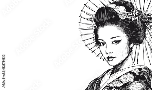 Traditional japanese geisha with parasol - flat style icons set vector.