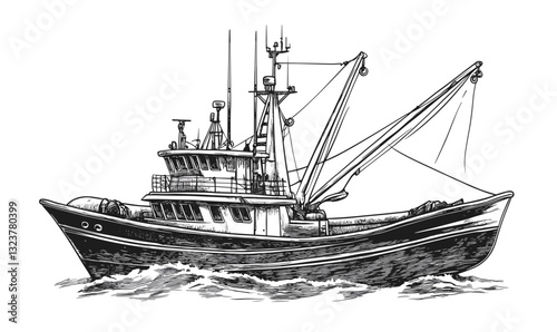 Detailed fishing boat in waves, linear style, icons set, vector.