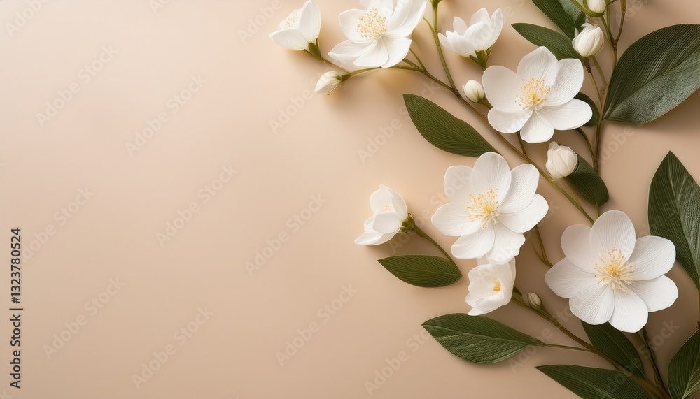 Obraz premium White Flowers Beige Matte. Subtle, calm floral on neutral beige. Serene, minimalist, timeless aesthetic