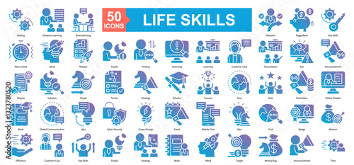 Life Skills Icon Sheet Setting, Finding, Tactics, Idea, Distance Learning, Brainstorming, Decision, Piggy Bank, Key Skills, Alarm Clock, Mind, Release