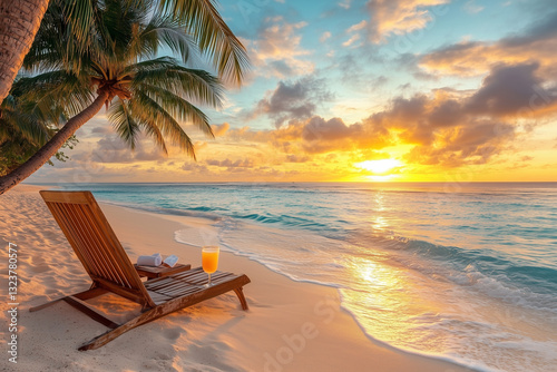 A picture-perfect tropical beach, with turquoise waters gently lapping at the shore photo