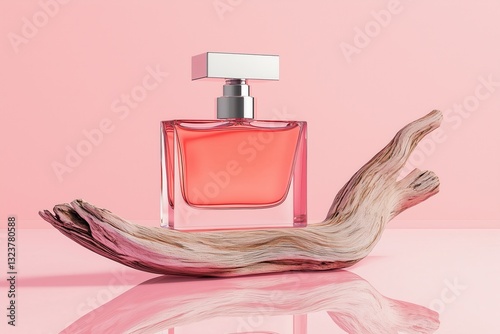 Bottle of luxury perfume on curved driftwood product podium