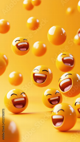 Emojis of Joy: A lively and visually striking composition features a cascade of laughing emojis against a vibrant orange backdrop, evoking a sense of pure happiness. 