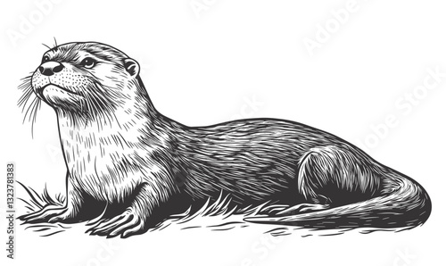 Otter illustration in black and white – linear style, animal icon set, vector.