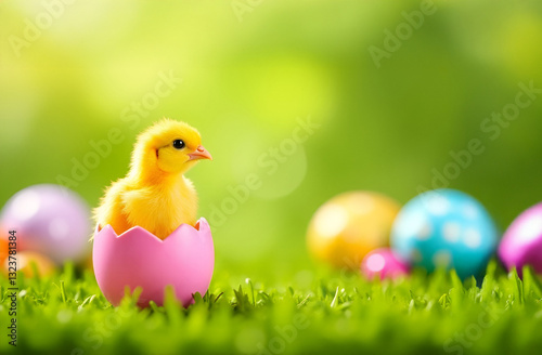 Cute yellow chicken hatches from a pink egg on the green grass with colorful Easter eggs in the background and a space for text. Selective focus, shallow depth of field.