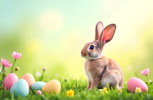 Happy rabbit in a field with pastel eggs and flowers. Banner, greeting card for Easter, springtime themes Selective focus, blurred background. Easter card, template.