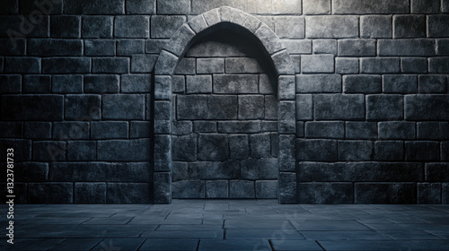 dark fantasy background featuring grey brick wall with arched doorway, creating mysterious atmosphere. stone texture and shadows enhance dramatic effect