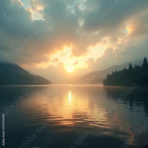Tranquil Mountain Reflection at Dusk in Serene Alpine Landscape