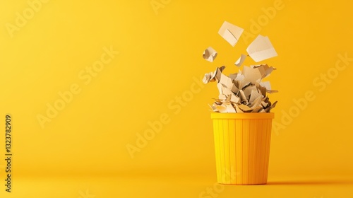 Dynamic Paper Waste in Colorful Yellow Trash Bin with Torn Pages Flying in the Air Against Bright Yellow Background