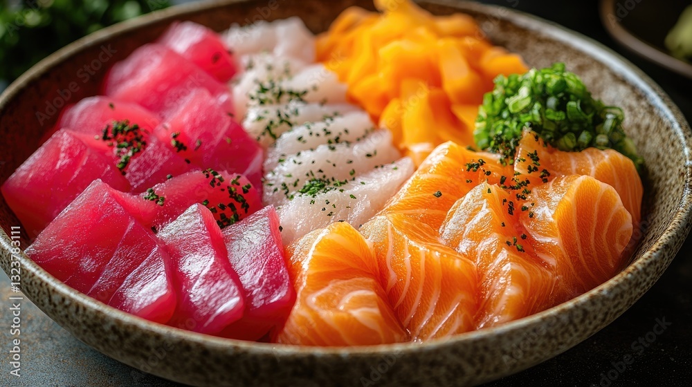 A vibrant assortment of sashimi including tuna, salmon, and other fresh seafood delicacies in a beautifully arranged bowl A vibrant assortment of sashimi including tuna, salmon, and other fresh seafood delicacies in a beautifully arranged bowl