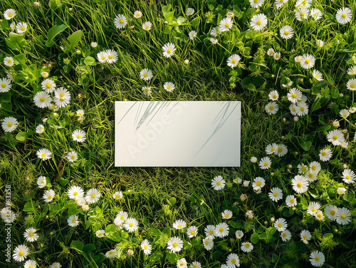 Paperboard lying in flower meadow.