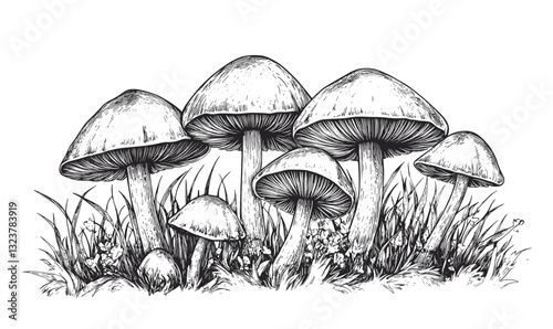 Mushrooms and grass linear icons set: nature-inspired vector illustration in flat style.