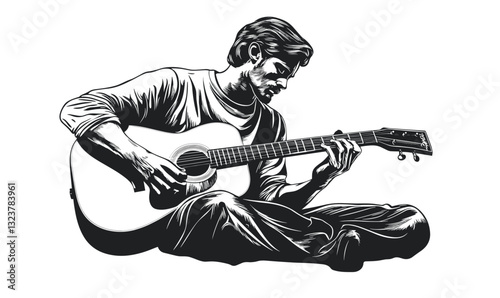 Acoustic guitarist playing music in black and white, sitting pose, vector, linear style, icons set.