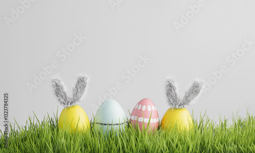 Colorful Easter eggs in grass with copy-space.