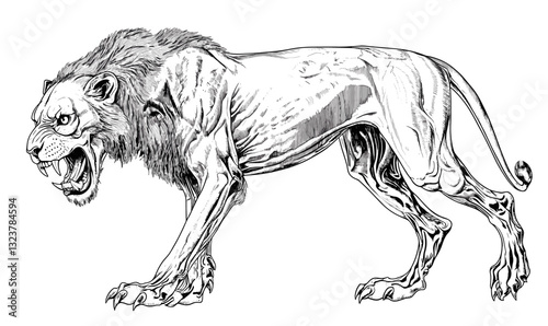 Ferocious saber-toothed tiger line art, mythical beast depiction, linear icons set, vector.