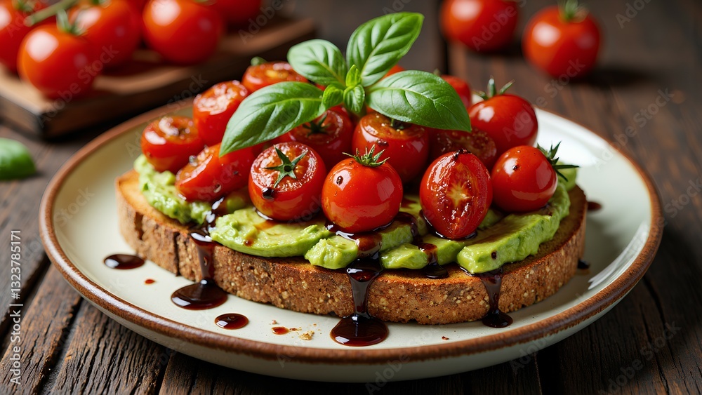 A delicious plate featuring avocado toast topped with roasted cherry tomatoes and fresh basil, drizzled with balsamic glaze on a rustic wooden table. A delicious plate featuring avocado toast topped with roasted cherry tomatoes and fresh basil, drizzled with balsamic glaze on a rustic wooden table.