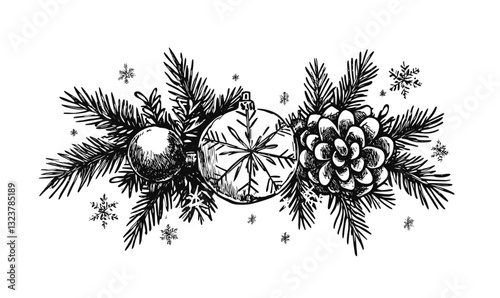 Christmas decorations with pine cones and ornaments, holiday icons set, flat vector.