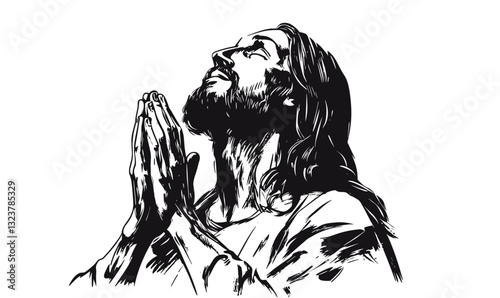 Praying figure with long hair looking upwards, hands together, flat icons set, vector.