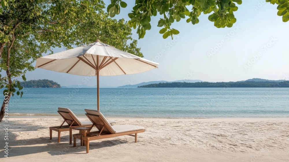 Fototapeta premium Tranquil beach scene with sun loungers under a large umbrella on soft sand facing a calm sea and distant islands in bright daylight