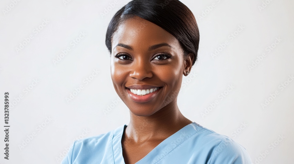 Portrait of a smiling healthcare worker: A close-up shot of a kind, African-American female healthcare worker with a warm, inviting smile. Capturing the essence of care and trust Portrait of a smiling healthcare worker: A close-up shot of a kind, African-American female healthcare worker with a warm, inviting smile. Capturing the essence of care and trust