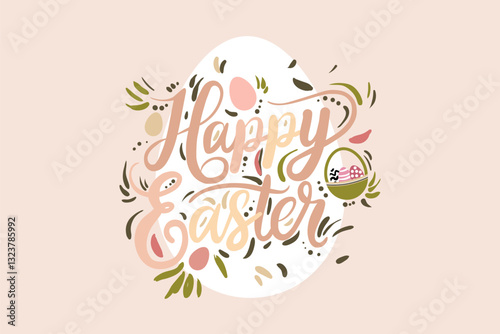 Happy Easter greeting card, poster, cover, web or social media banner. Art design with modern typography, hand drawn Easter egg in pastel colors, vector illustration