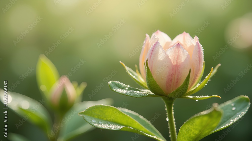 A delicate pink flower blooms amidst lush greenery, illuminated by soft sunlight, creating a serene and tranquil atmosphere. A delicate pink flower blooms amidst lush greenery, illuminated by soft sunlight, creating a serene and tranquil atmosphere.